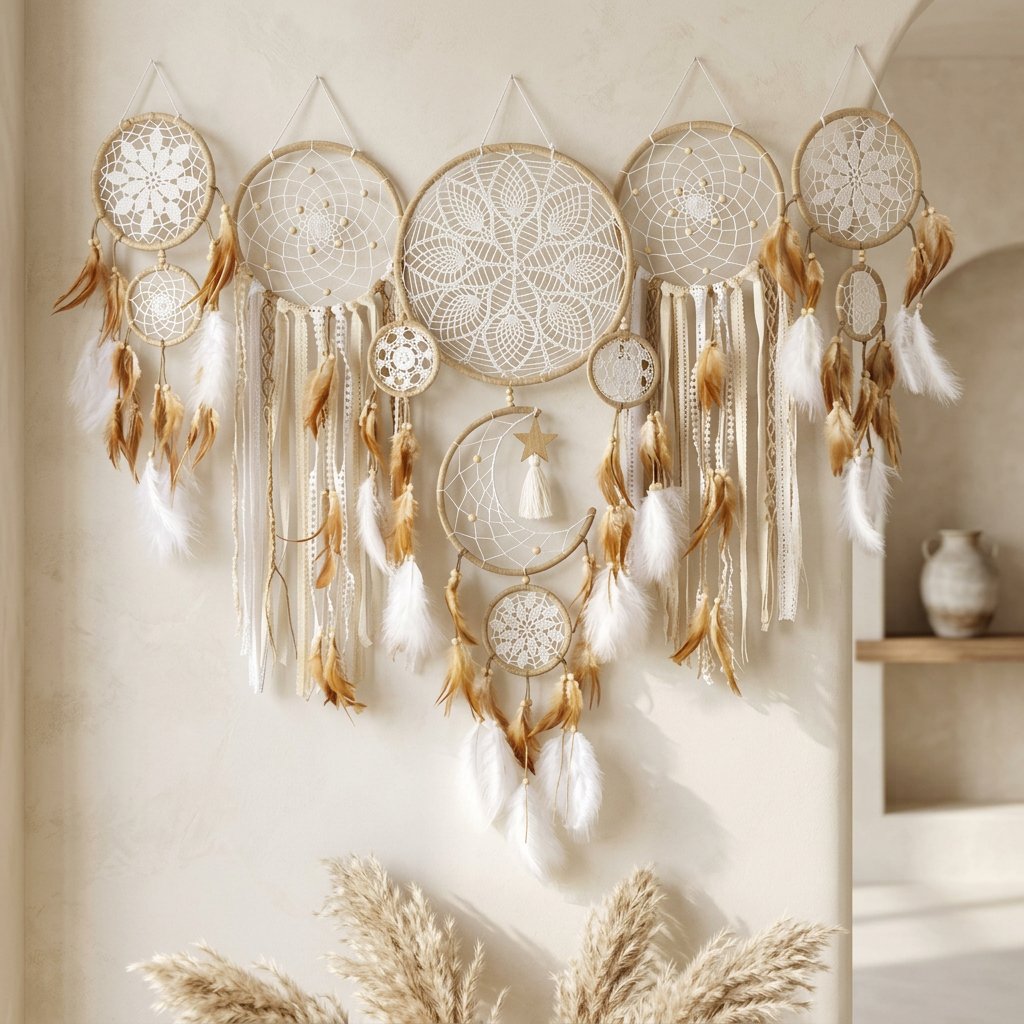 Boho Dream Catcher Set, 5 Decorative Wall Hangings with Feathers and Beads