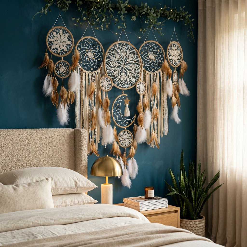 Boho Dream Catcher Set, 5 Decorative Wall Hangings with Feathers and Beads