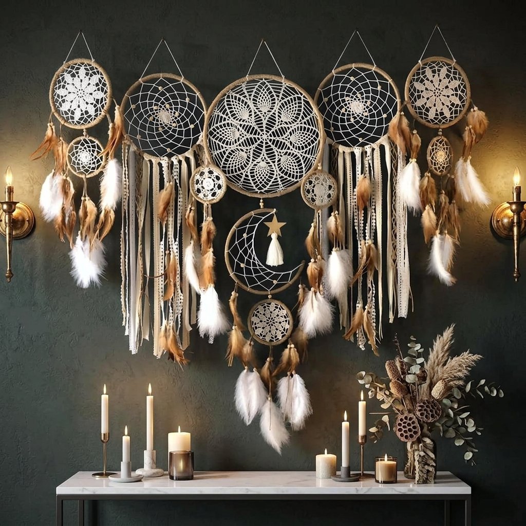Boho Dream Catcher Set, 5 Decorative Wall Hangings with Feathers and Beads
