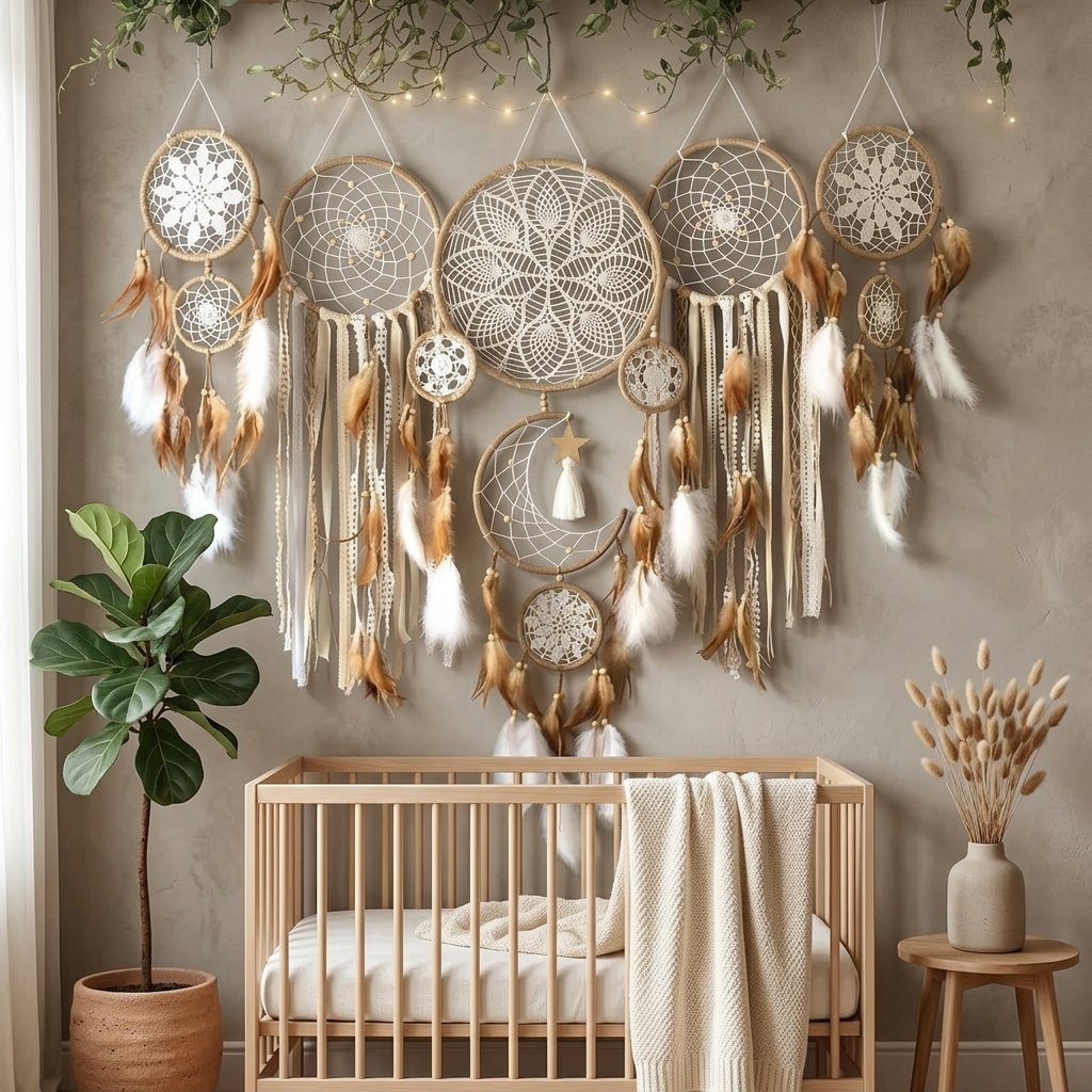 Boho Dream Catcher Set, 5 Decorative Wall Hangings with Feathers and Beads