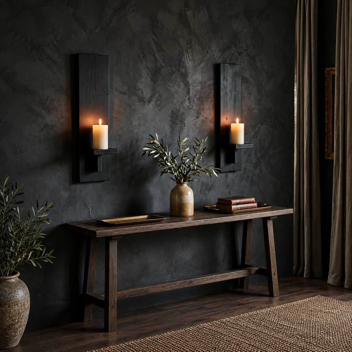 Farmhouse Wooden Wall Candle Sconces, Set of 2, Solid Black
