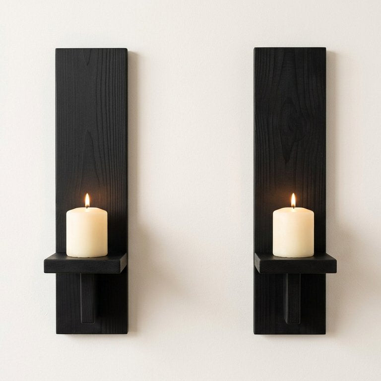 Farmhouse Wooden Wall Candle Sconces, Set of 2, Solid Black