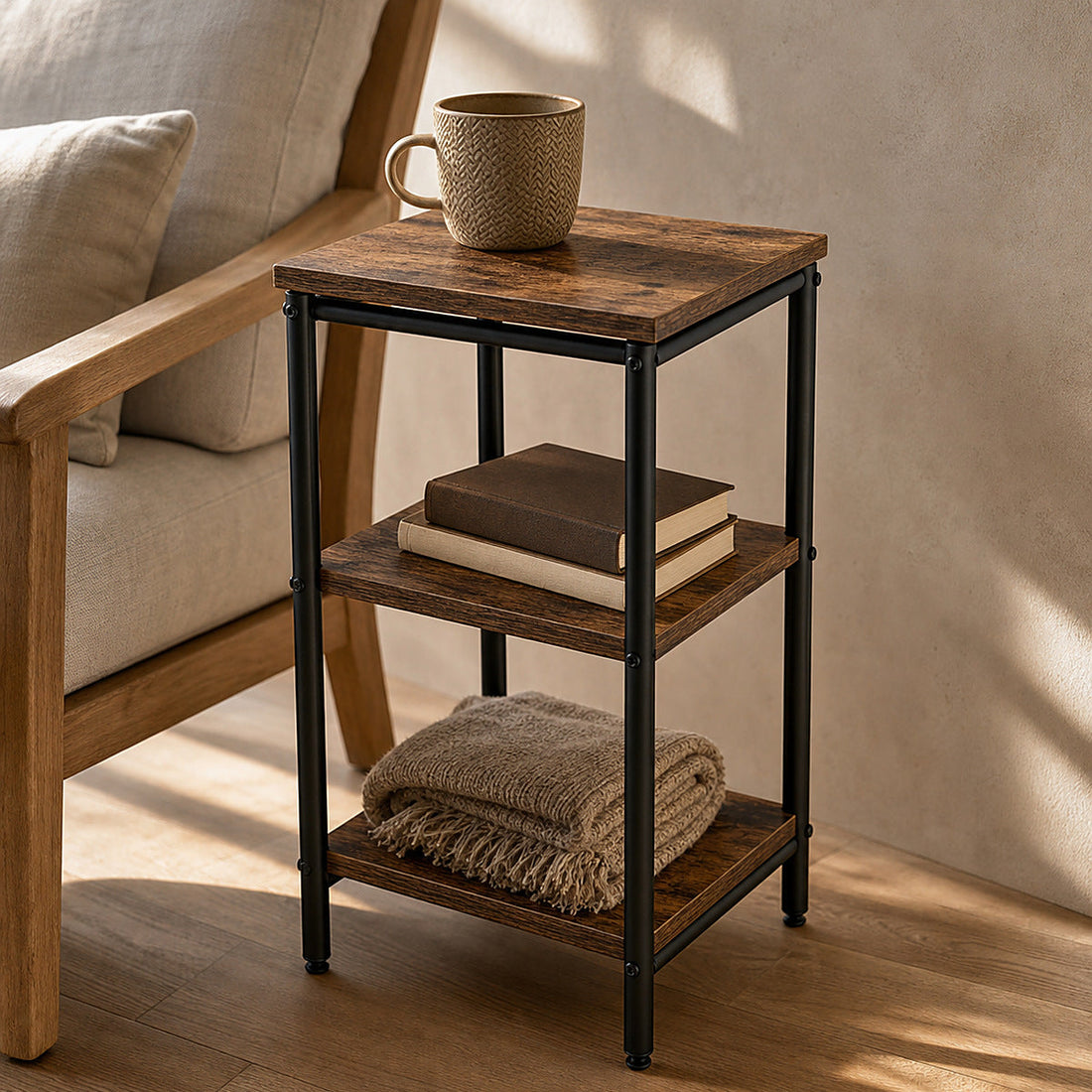 Small Rustic Brown End Table with Steel Frame