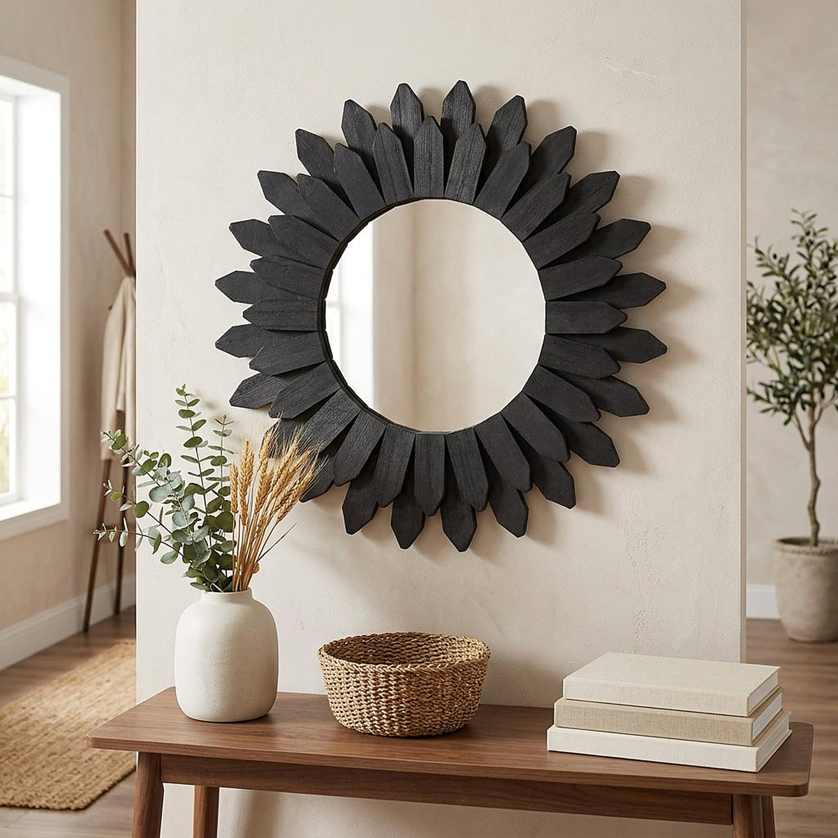 Black Boho Wood Wall Mirror, 12-Inch Decorative Accent
