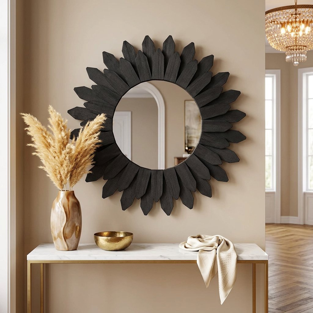 Black Boho Wood Wall Mirror, 12-Inch Decorative Accent