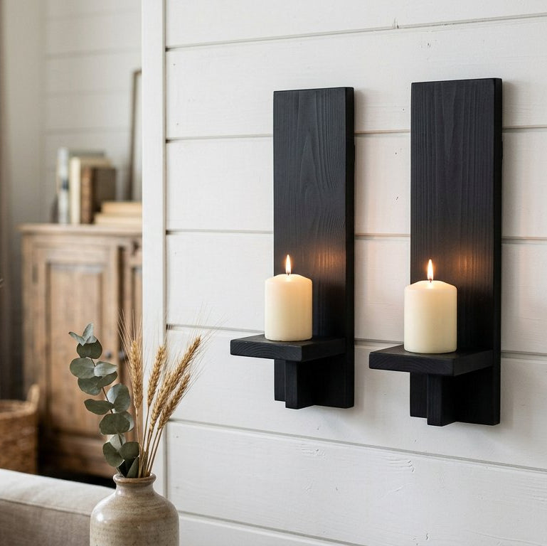 Farmhouse Wooden Wall Candle Sconces, Set of 2, Solid Black