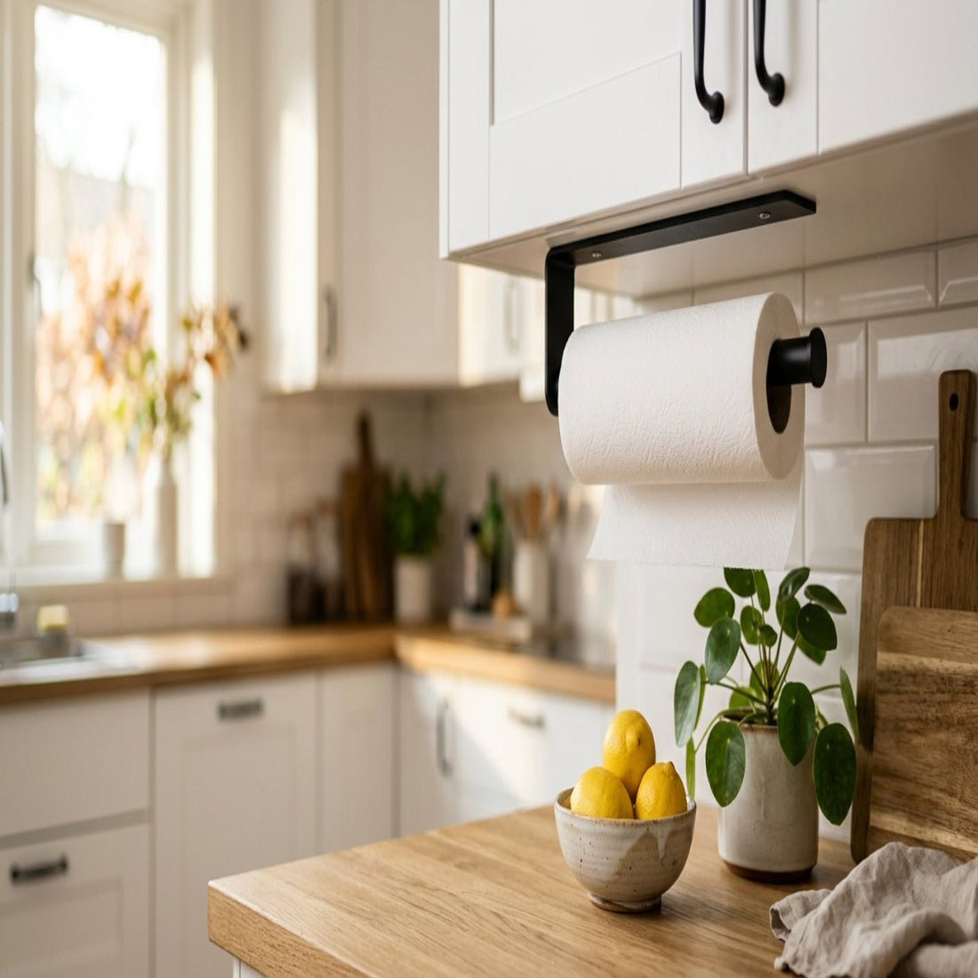 Black Under-Cabinet Paper Towel Holder, Adhesive or Drill Mount