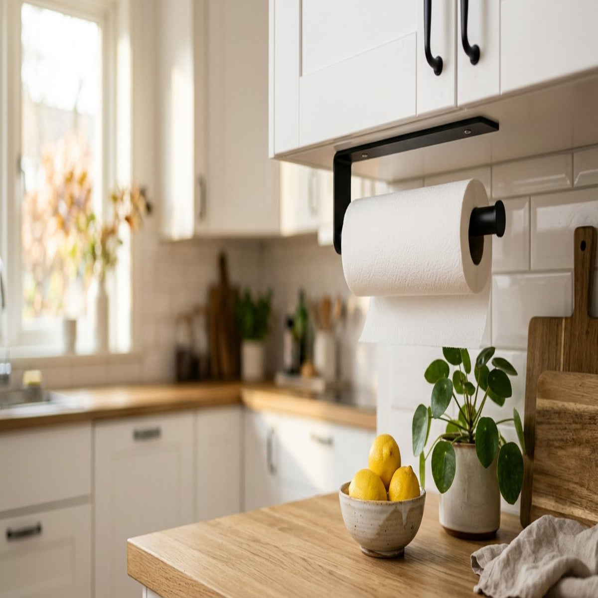 Black Under-Cabinet Paper Towel Holder, Adhesive or Drill Mount