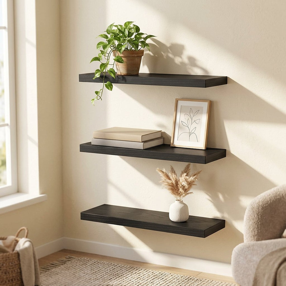Rustic Black Floating Wall Shelves, Set of 3, 15.7 Inches