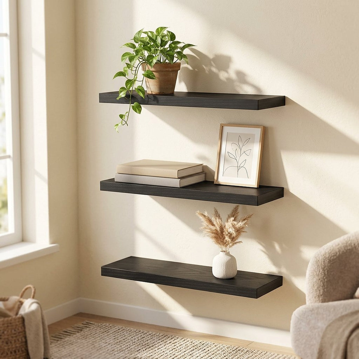 Rustic Black Floating Wall Shelves, Set of 3, 15.7 Inches
