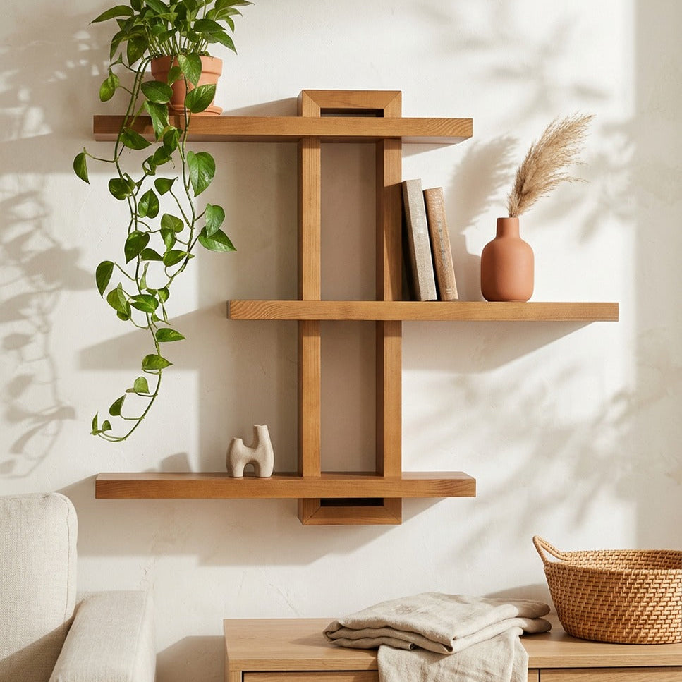Light Walnut Wood Floating Wall Shelf, 28.35 x 23 x 4.3 Inches