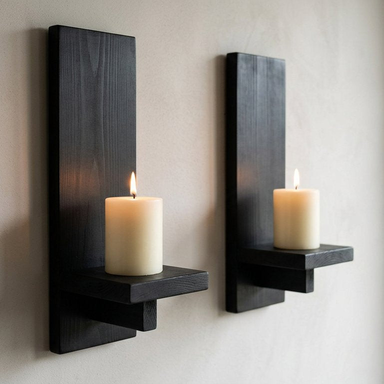 Farmhouse Wooden Wall Candle Sconces, Set of 2, Solid Black