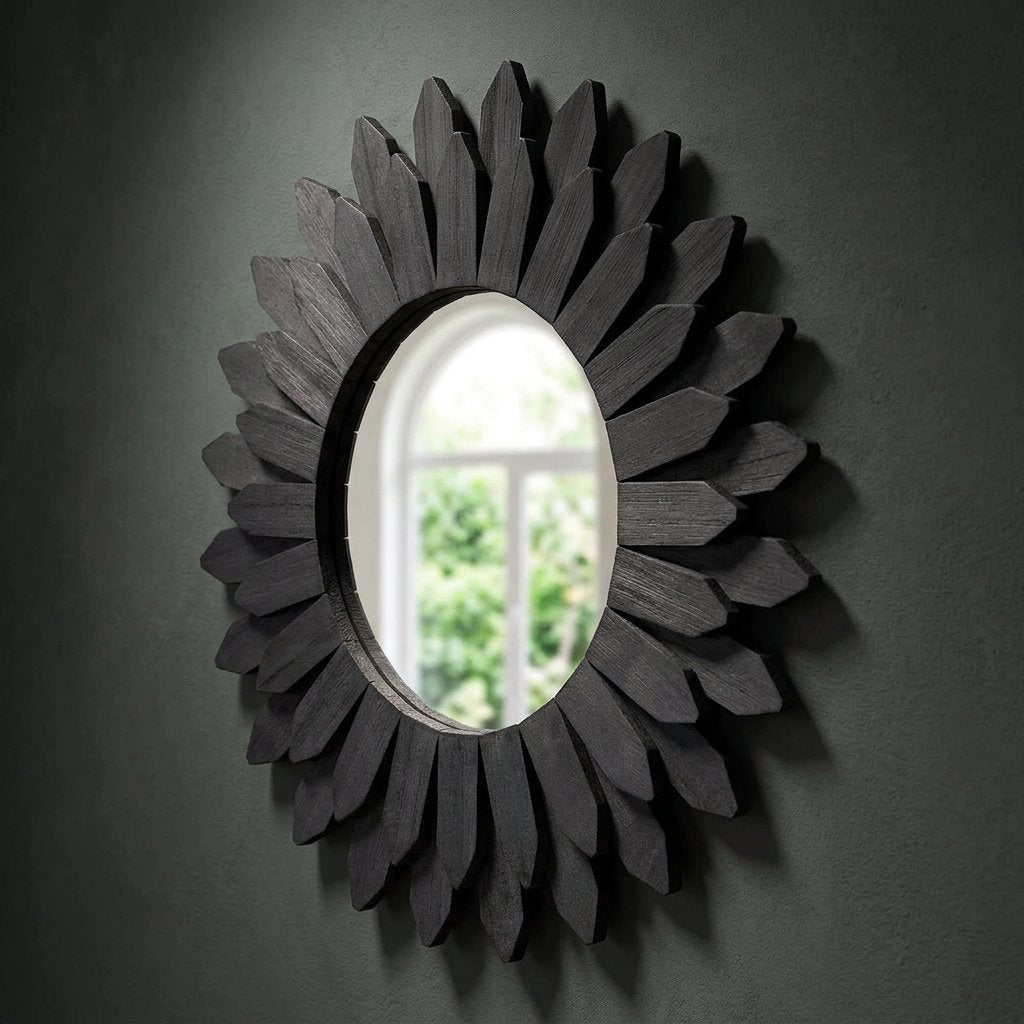 Black Boho Wood Wall Mirror, 12-Inch Decorative Accent