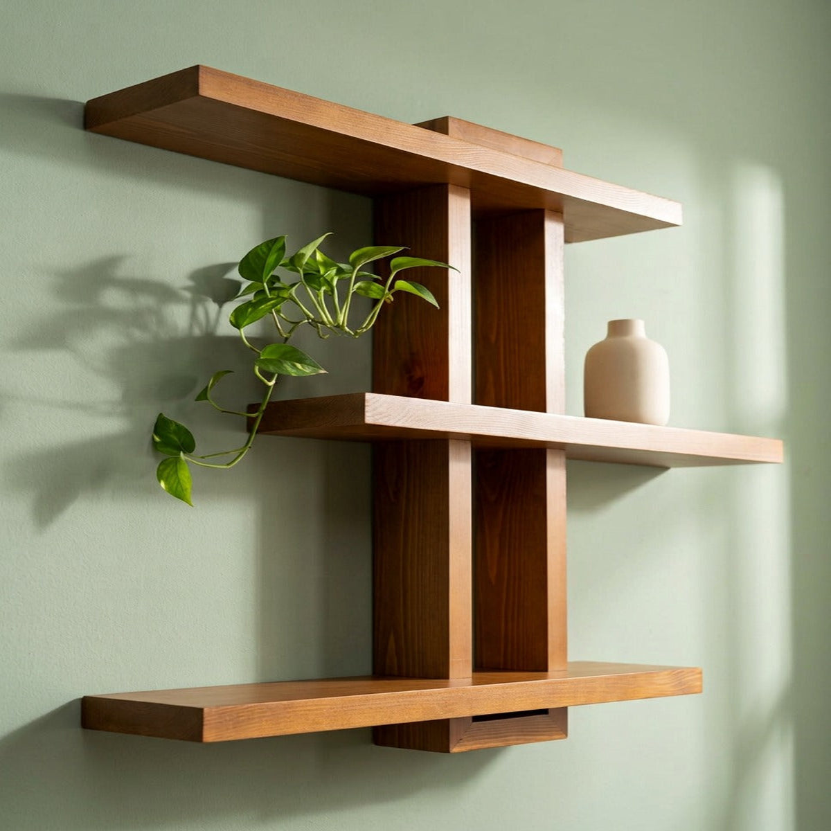 Light Walnut Wood Floating Wall Shelf, 28.35 x 23 x 4.3 Inches