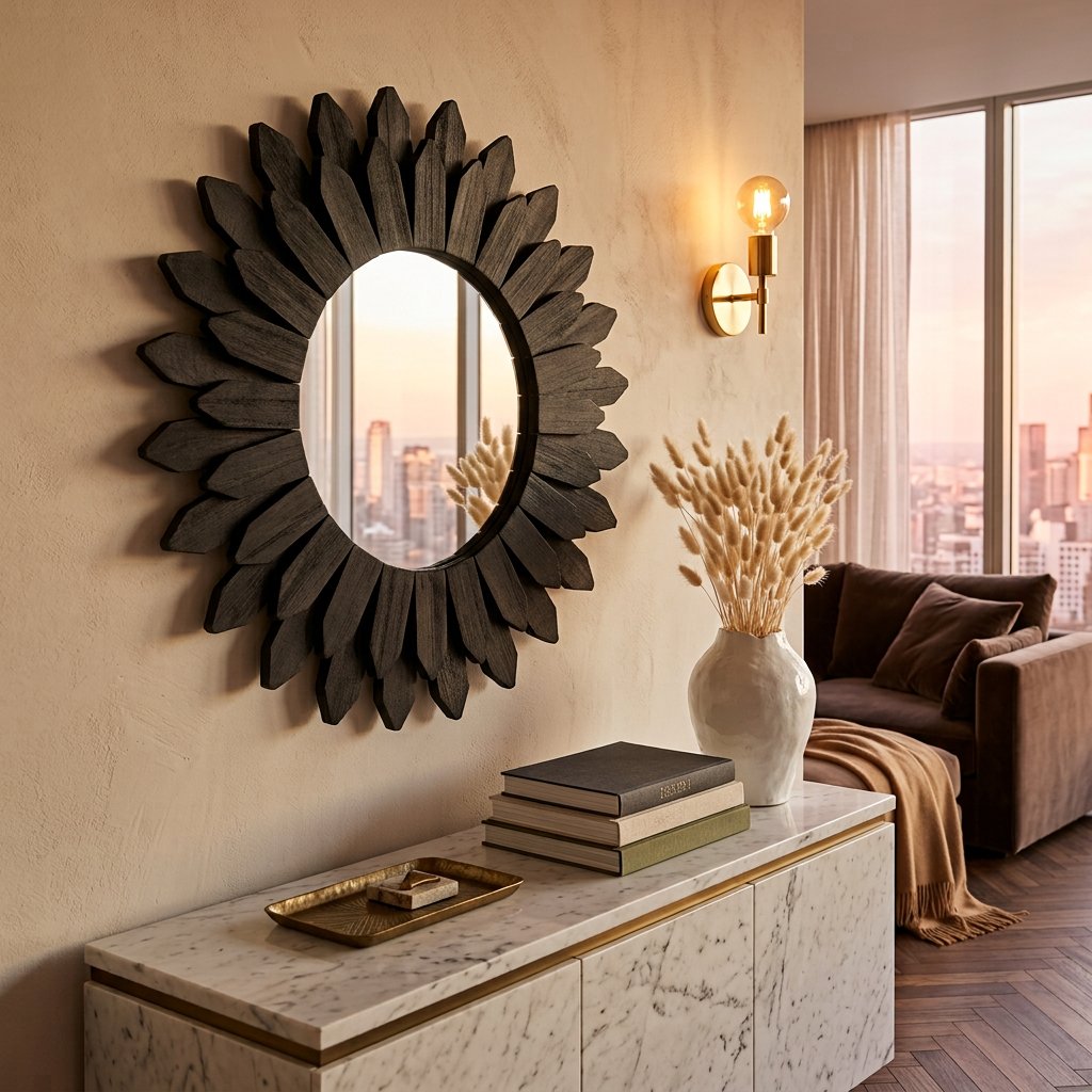 Black Boho Wood Wall Mirror, 12-Inch Decorative Accent