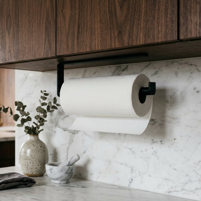 Black Under-Cabinet Paper Towel Holder, Adhesive or Drill Mount