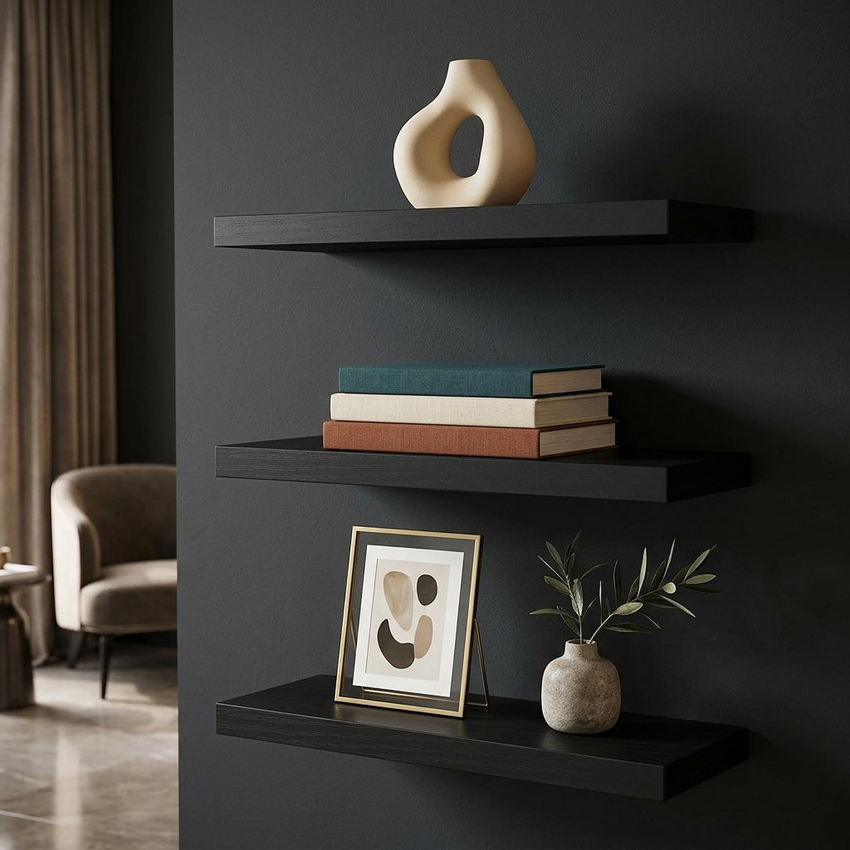 Rustic Black Floating Wall Shelves, Set of 3, 15.7 Inches