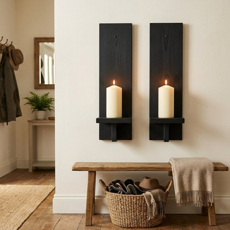 Farmhouse Wooden Wall Candle Sconces, Set of 2, Solid Black