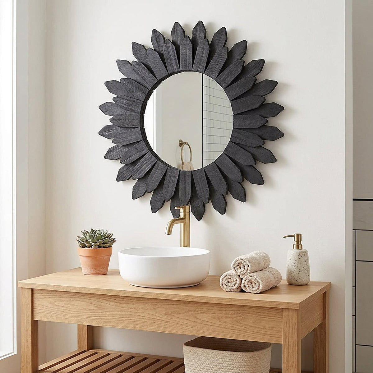 Black Boho Wood Wall Mirror, 12-Inch Decorative Accent