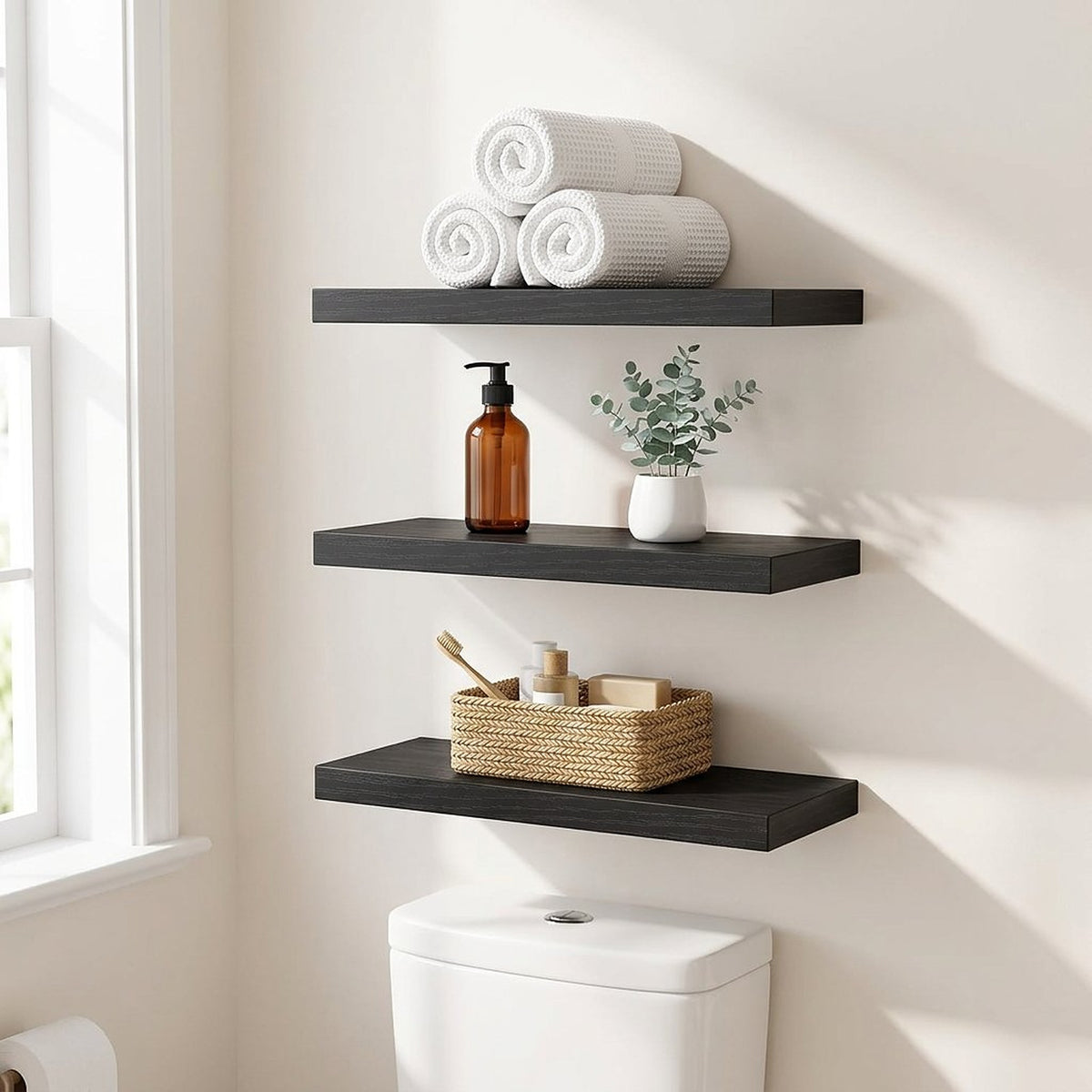 Rustic Black Floating Wall Shelves, Set of 3, 15.7 Inches
