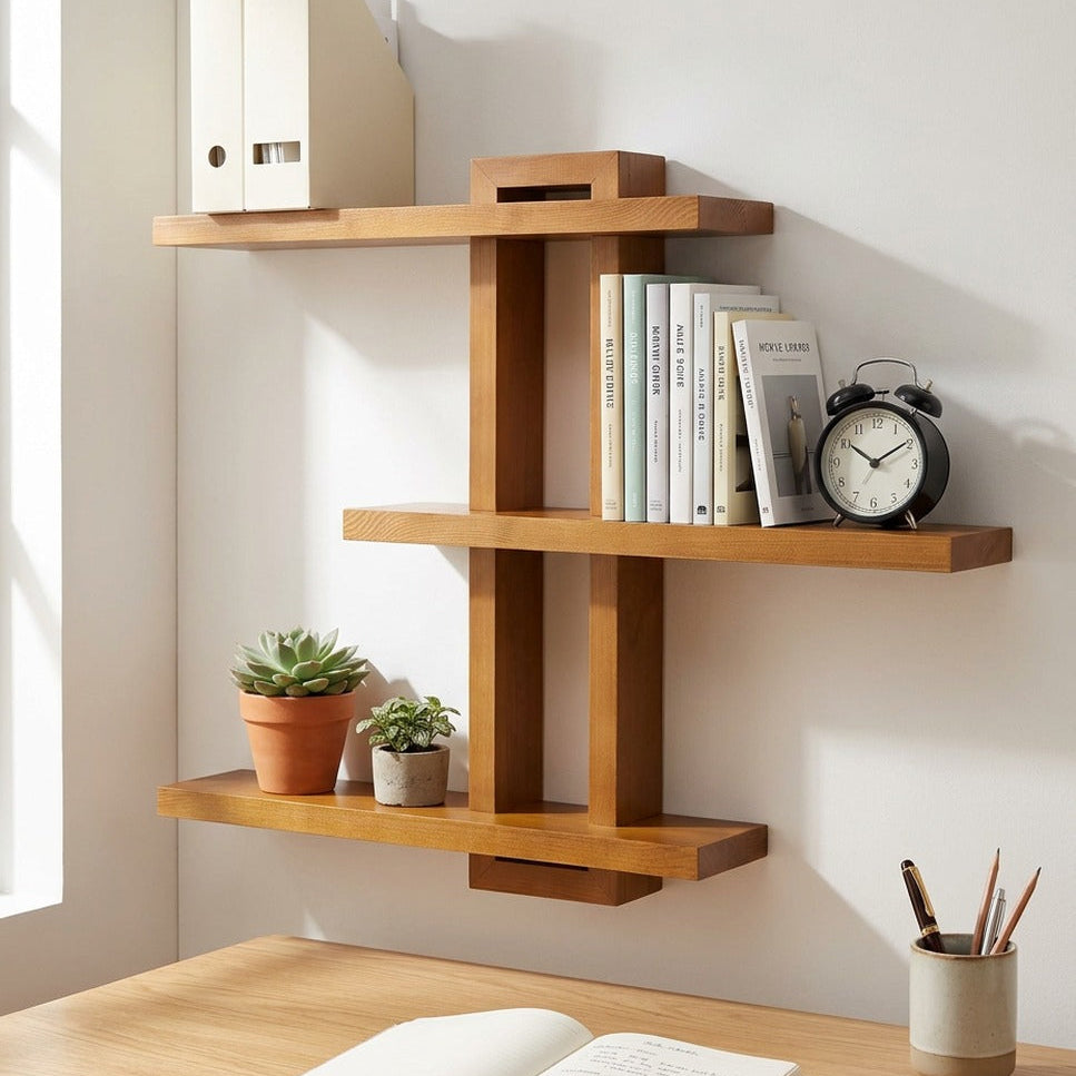 Light Walnut Wood Floating Wall Shelf, 28.35 x 23 x 4.3 Inches