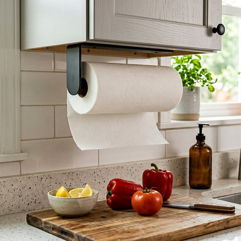 Black Under-Cabinet Paper Towel Holder, Adhesive or Drill Mount