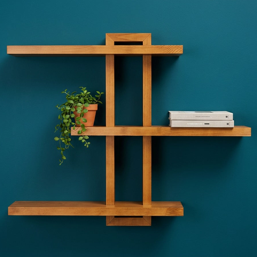 Light Walnut Wood Floating Wall Shelf, 28.35 x 23 x 4.3 Inches