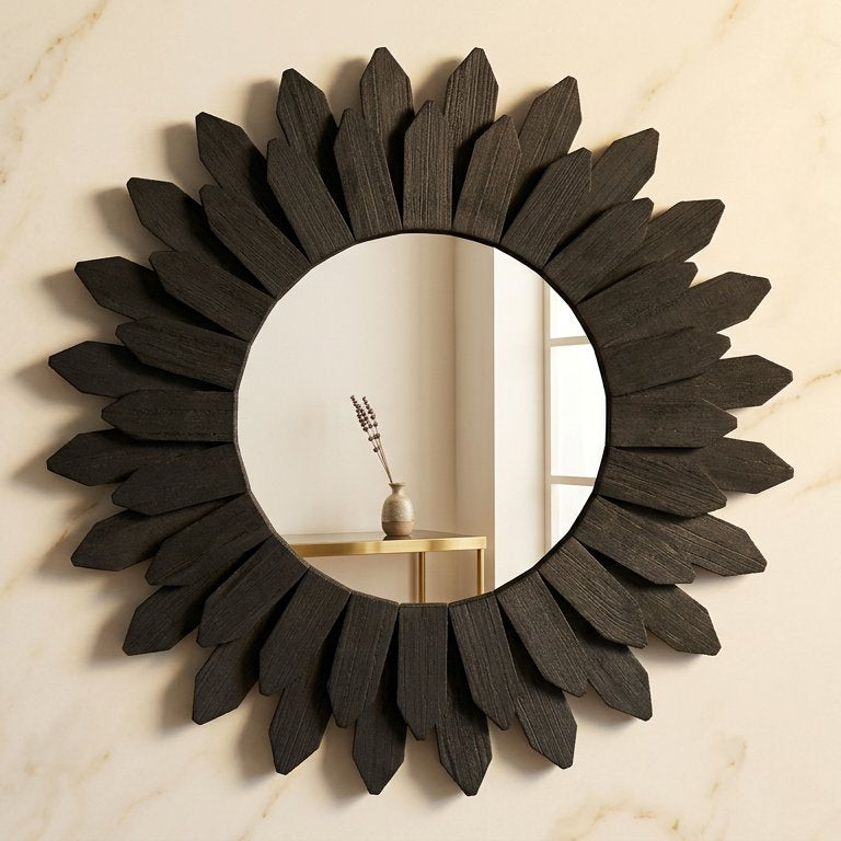 Black Boho Wood Wall Mirror, 12-Inch Decorative Accent