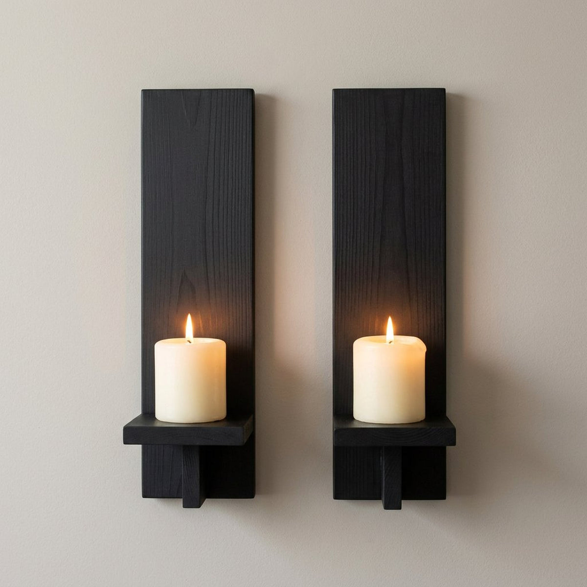 Farmhouse Wooden Wall Candle Sconces, Set of 2, Solid Black