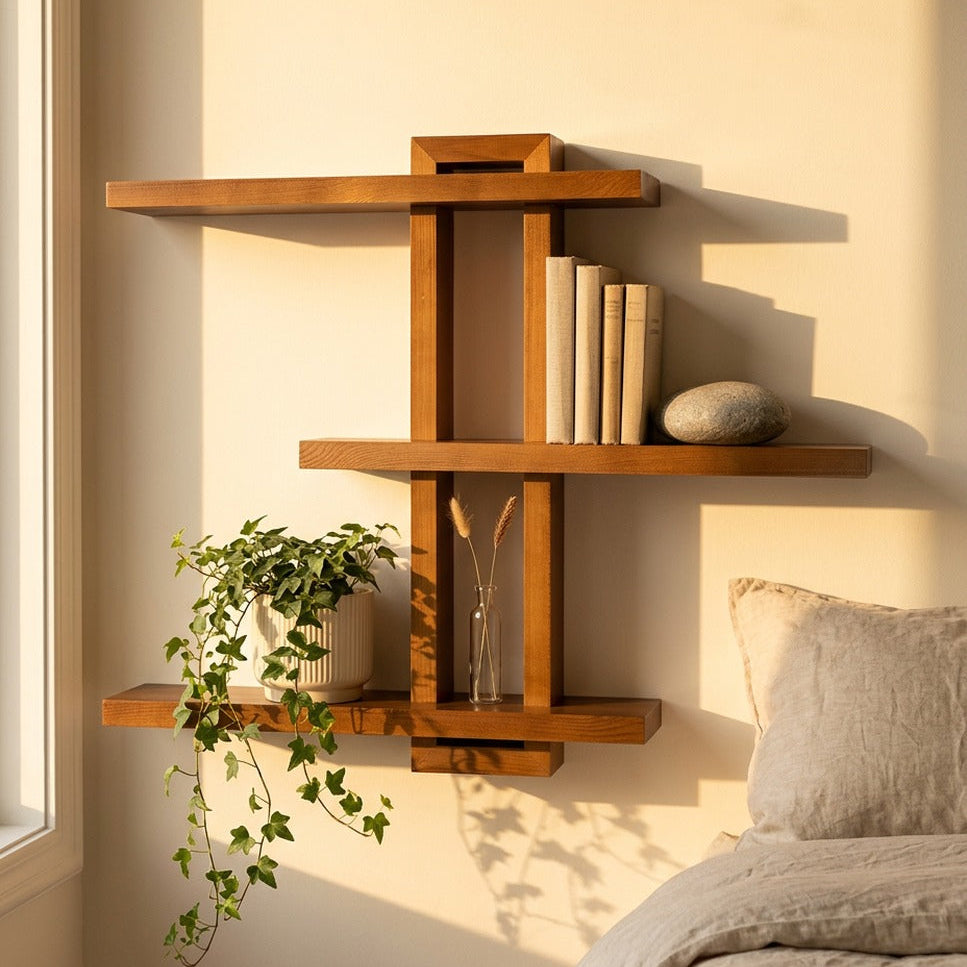 Light Walnut Wood Floating Wall Shelf, 28.35 x 23 x 4.3 Inches