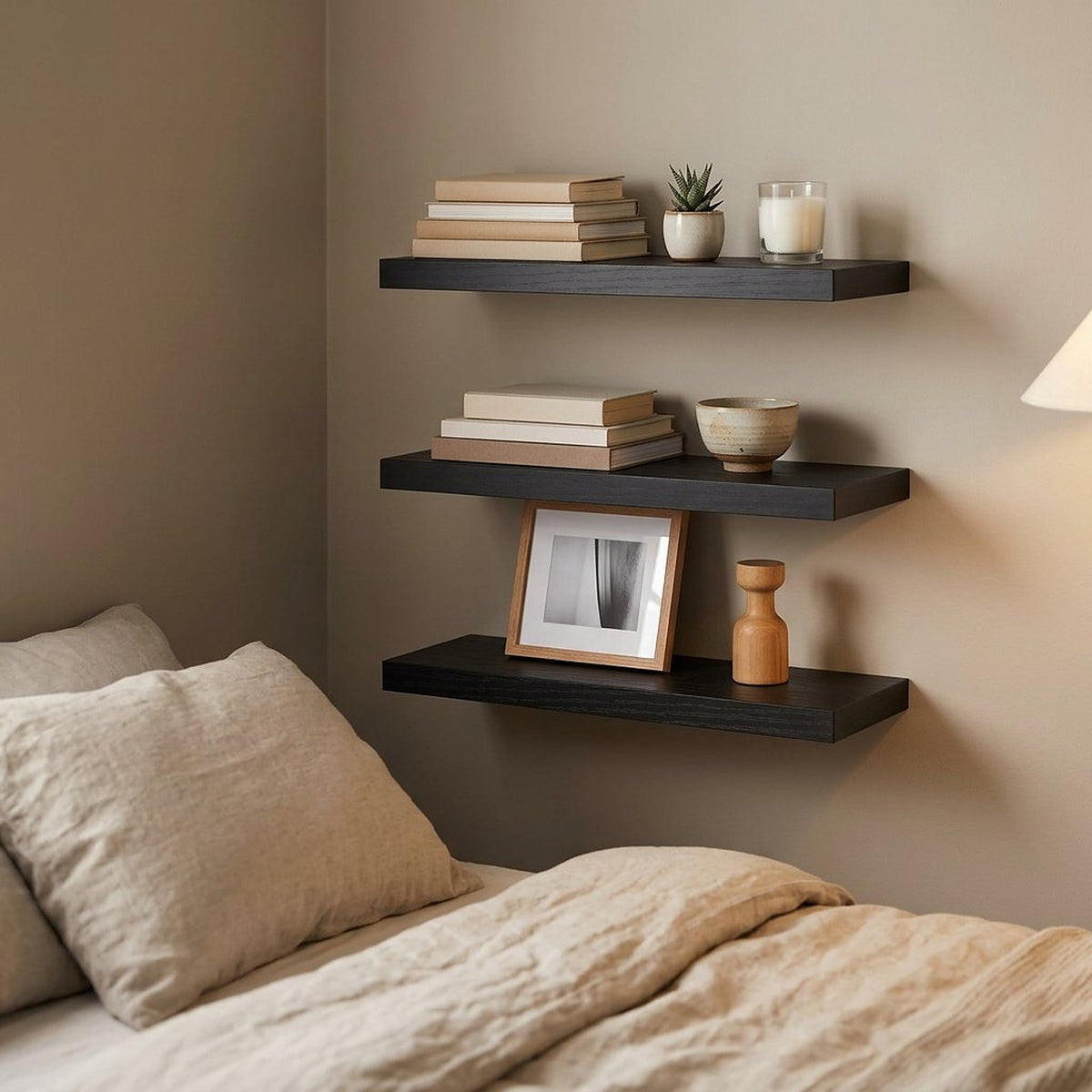 Rustic Black Floating Wall Shelves, Set of 3, 15.7 Inches