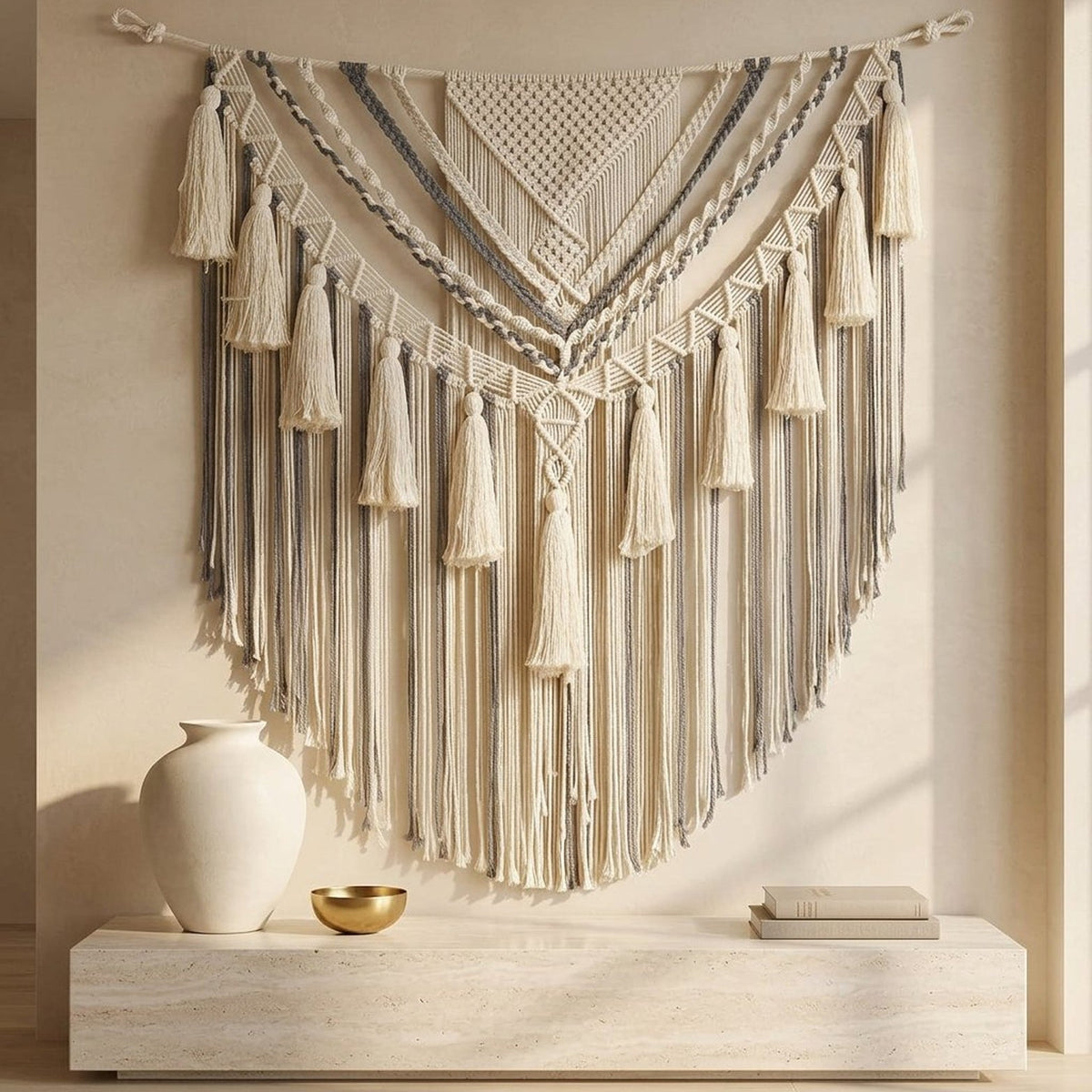 Large Tan Macrame Wall Hanging, Boho Yarn Wall Art, 47 x 55 Inches