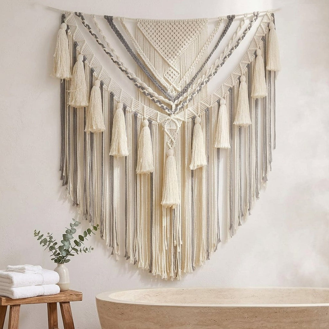 Large Tan Macrame Wall Hanging, Boho Yarn Wall Art, 47 x 55 Inches