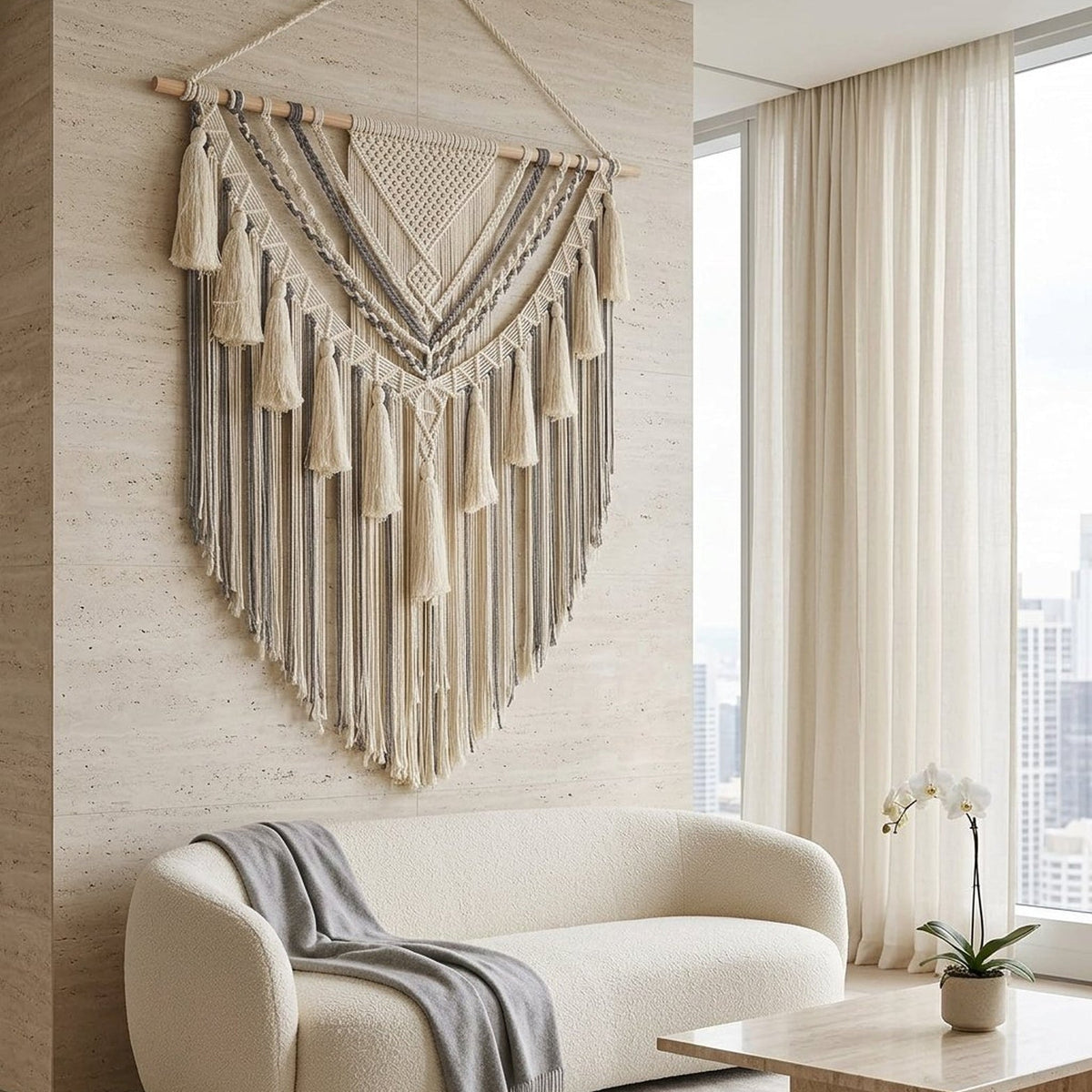 Large Tan Macrame Wall Hanging, Boho Yarn Wall Art, 47 x 55 Inches
