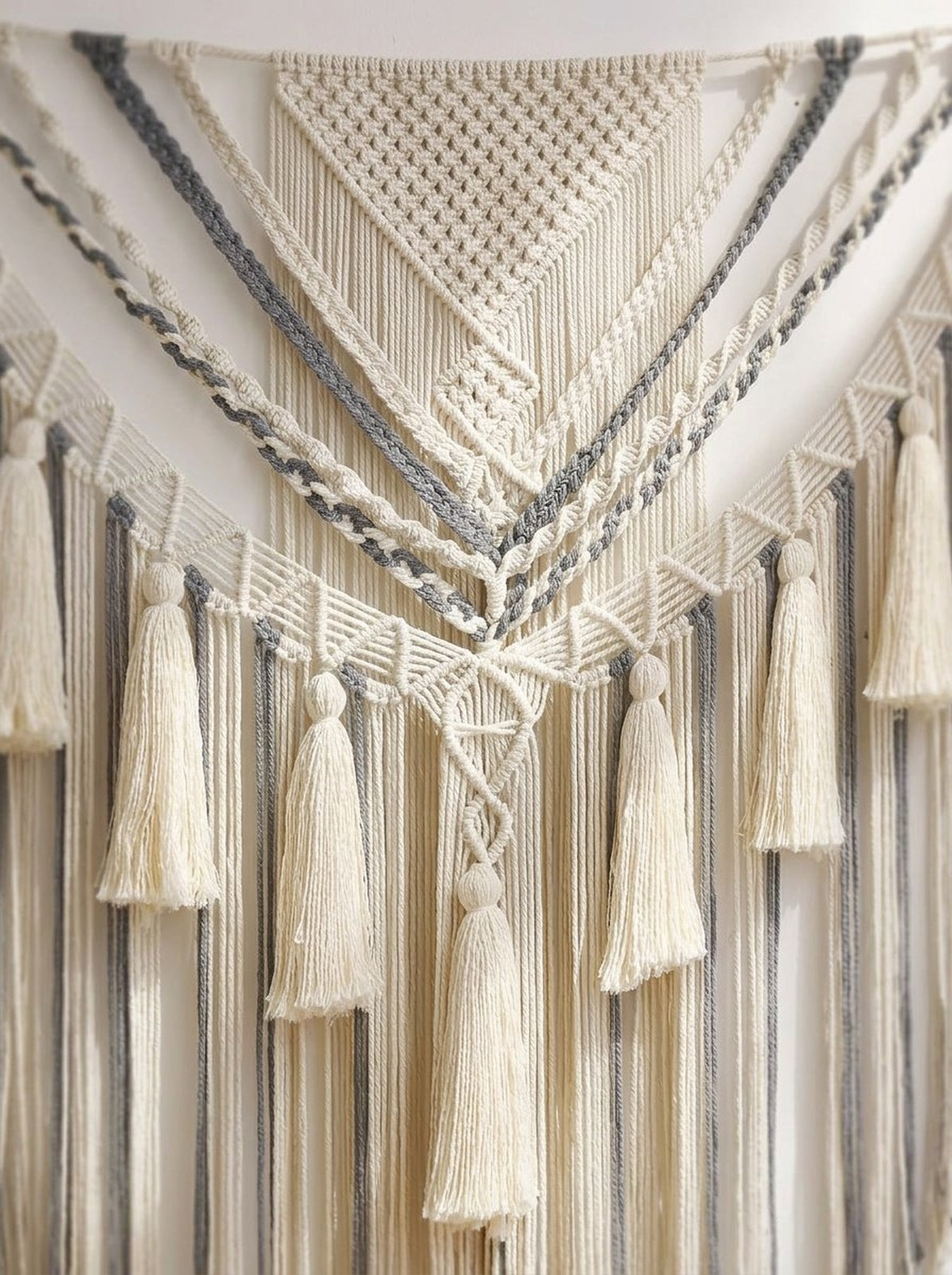 Large Tan Macrame Wall Hanging, Boho Yarn Wall Art, 47 x 55 Inches