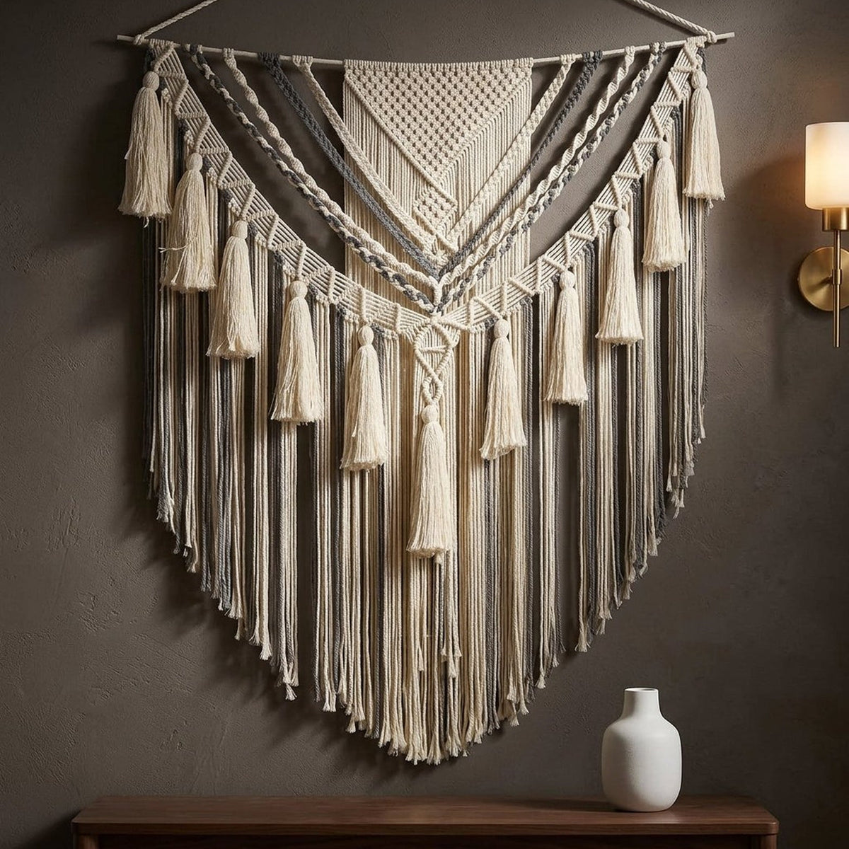 Large Tan Macrame Wall Hanging, Boho Yarn Wall Art, 47 x 55 Inches