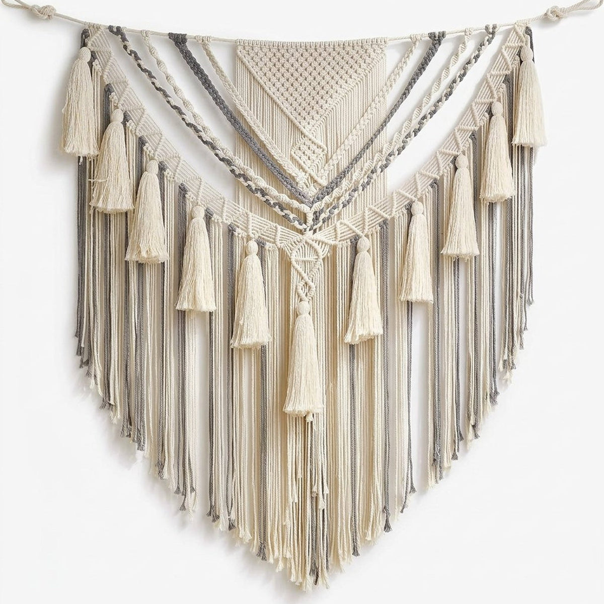 Large Tan Macrame Wall Hanging, Boho Yarn Wall Art, 47 x 55 Inches