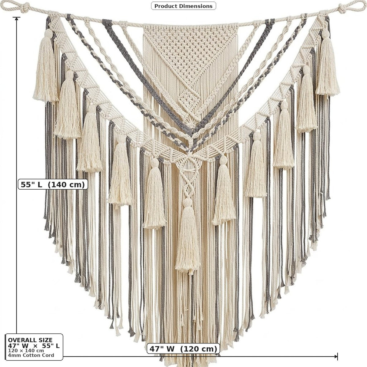 Large Tan Macrame Wall Hanging, Boho Yarn Wall Art, 47 x 55 Inches