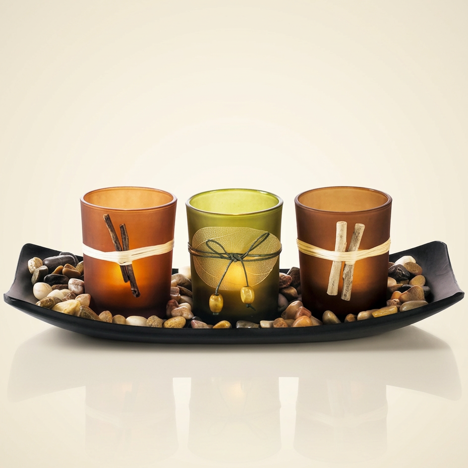 Natural Candlescape Votive Holder Set with Decorative Rocks and Tray