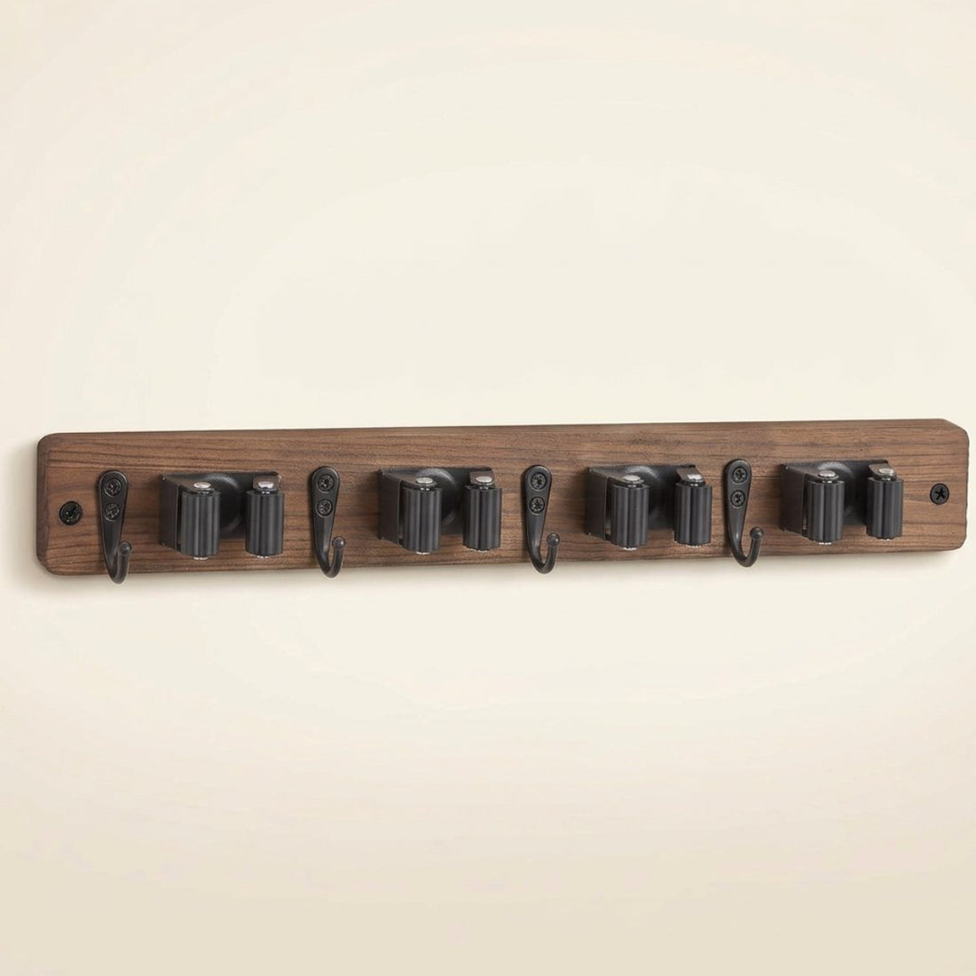 Wooden Mop and Broom Holder Wall Rack, 4 Slots and 4 Hooks