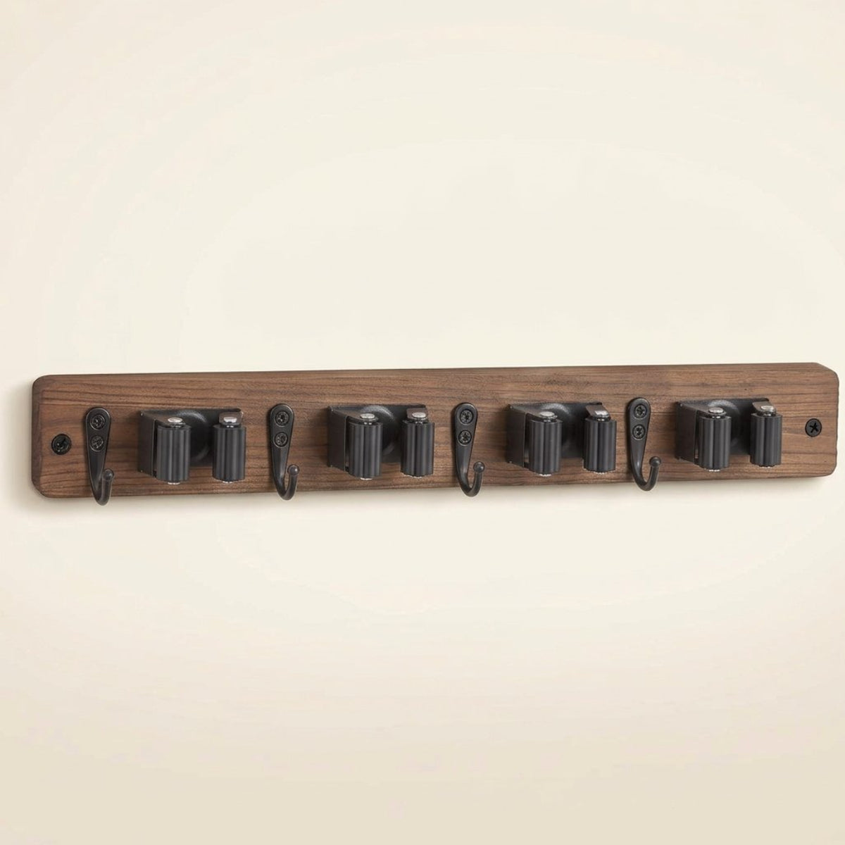 Wooden Mop and Broom Holder Wall Rack, 4 Slots and 4 Hooks