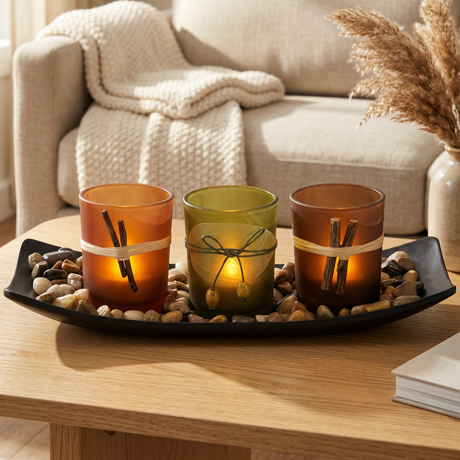 Natural Candlescape Votive Holder Set with Decorative Rocks and Tray