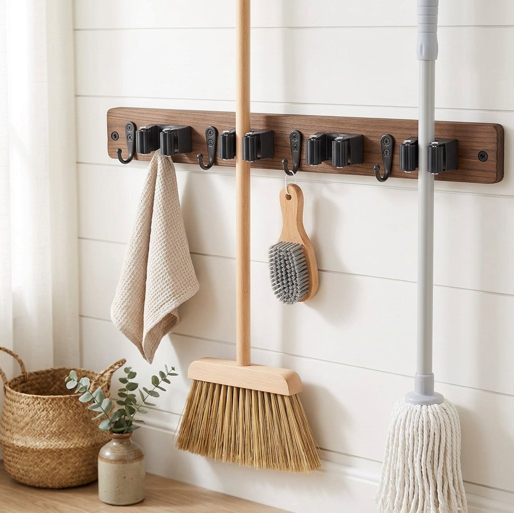 Wooden Mop and Broom Holder Wall Rack, 4 Slots and 4 Hooks
