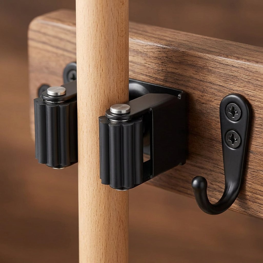 Wooden Mop and Broom Holder Wall Rack, 4 Slots and 4 Hooks