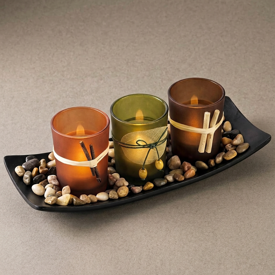 Natural Candlescape Votive Holder Set with Decorative Rocks and Tray