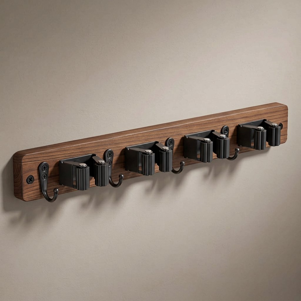 Wooden Mop and Broom Holder Wall Rack, 4 Slots and 4 Hooks