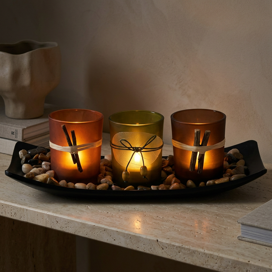 Natural Candlescape Votive Holder Set with Decorative Rocks and Tray