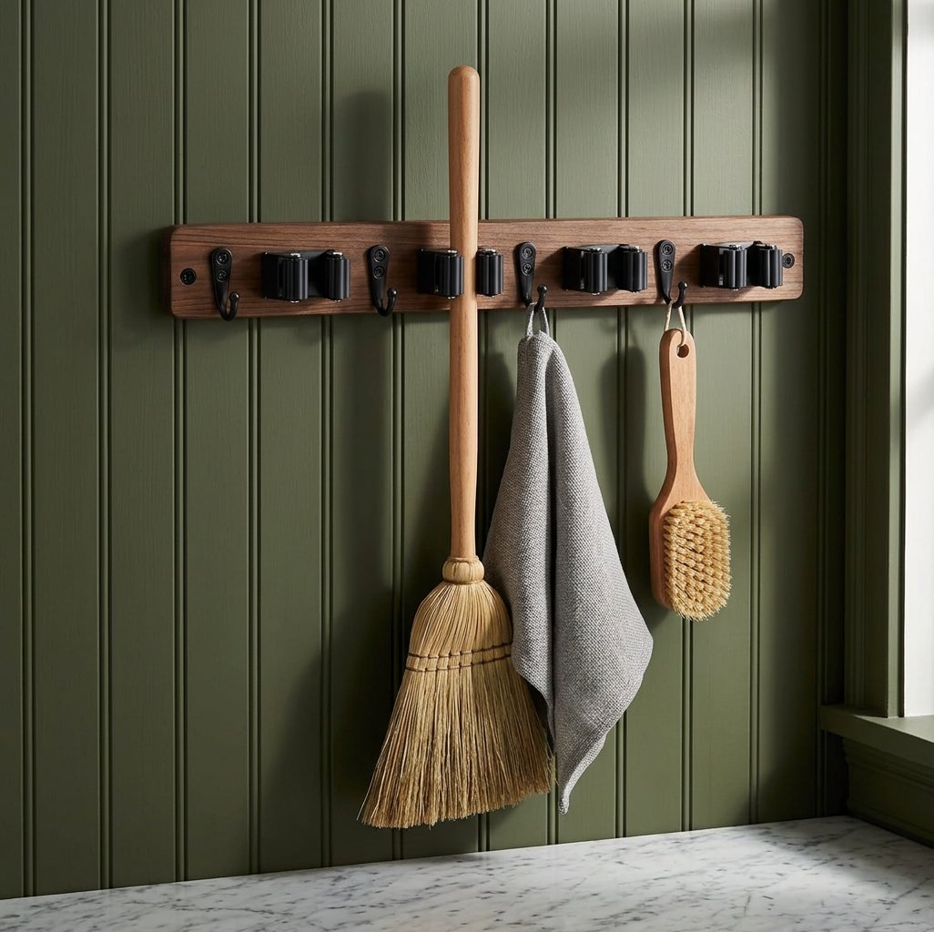 Wooden Mop and Broom Holder Wall Rack, 4 Slots and 4 Hooks