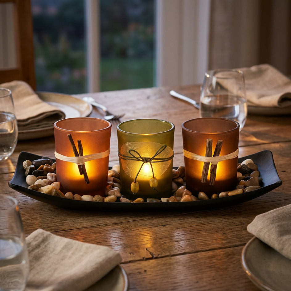Natural Candlescape Votive Holder Set with Decorative Rocks and Tray
