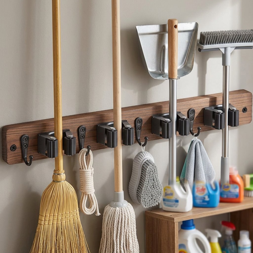 Wooden Mop and Broom Holder Wall Rack, 4 Slots and 4 Hooks